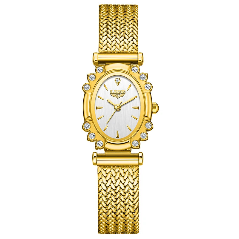 Women's Oval Crystal Bezel Mesh Watch — Gold Tone / White Dial — BandsCo Straps