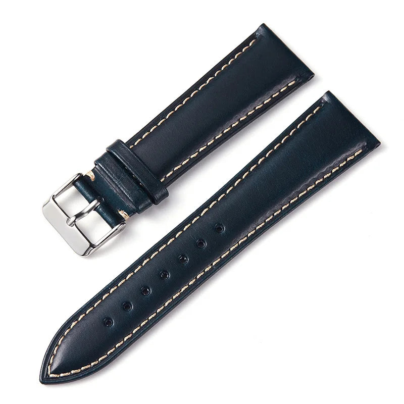 OnePlus Watch Bands, Oil Wax Leather Strap, Cowhide Replacement Band in blue with silver buckle.