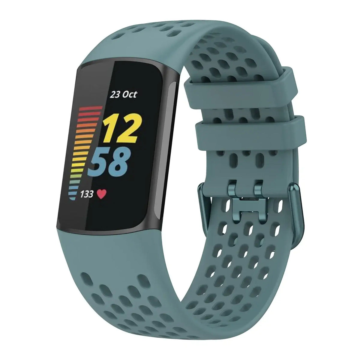 Fitbit Charge 5 & 6 Perforated Silicone Band slate blue band shown on a tracker