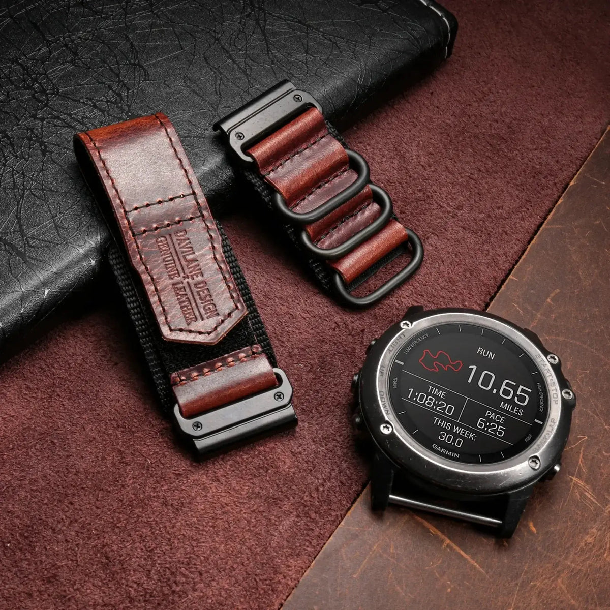 Garmin QuickFit Leather and Nylon Loop Band brown strap beside a watch
