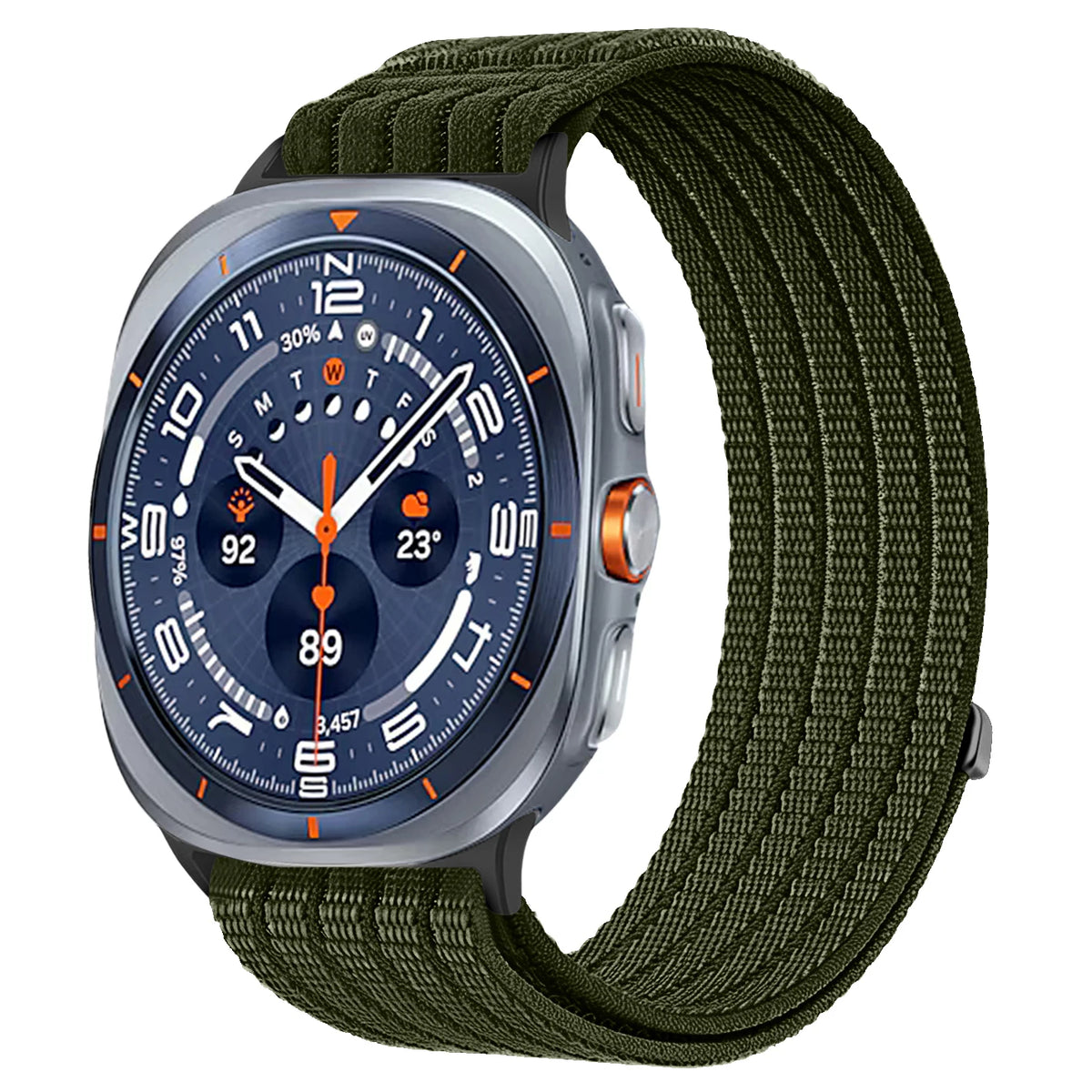 Samsung Galaxy Sport Nylon Woven Loop Watch Band – Watch8/Watch8 Classic/Watch9/Ultra/Ultra2 in army green, perfect for active lifestyles.