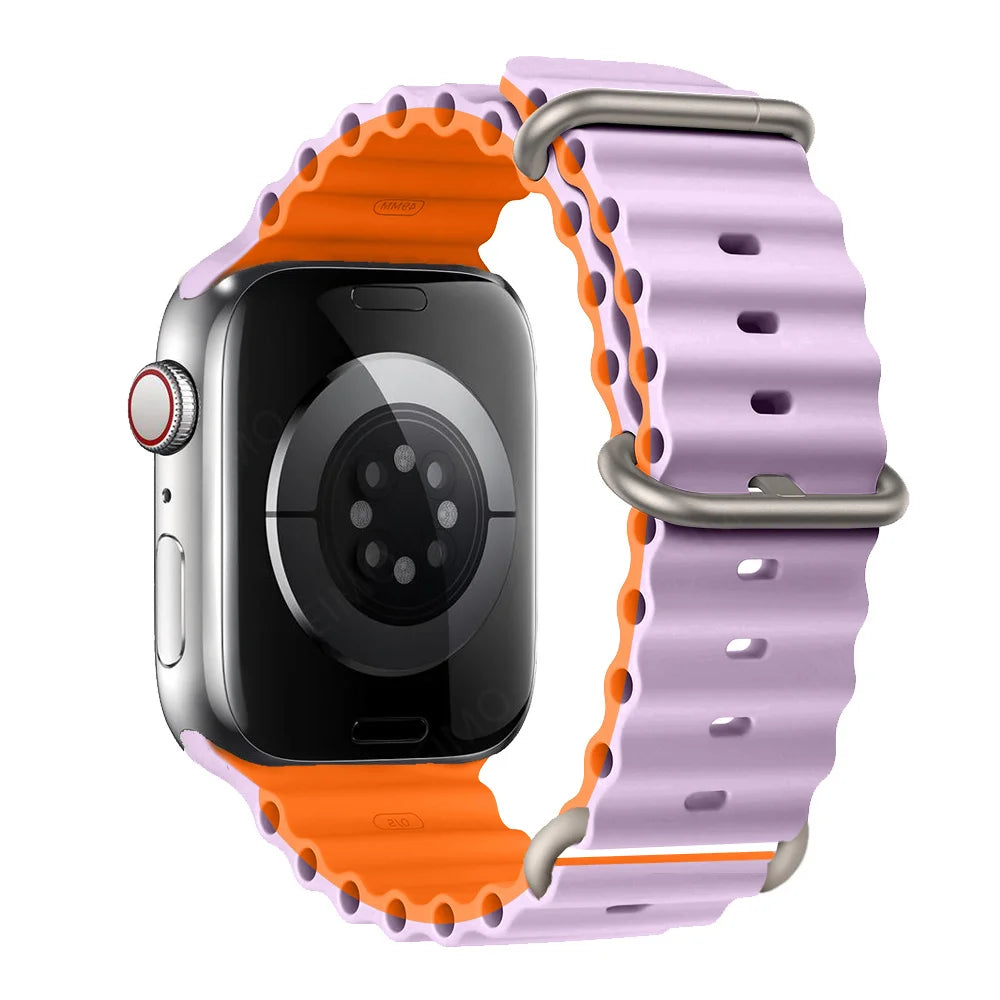 Ribbed Silicone Apple Watch Band with Adjustable Metal Loop in Lilac / Orange