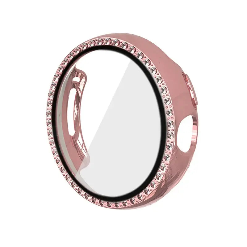 Bedazzled rose gold case cover for Google Pixel Watches, featuring a crystal-encrusted frame for added style.