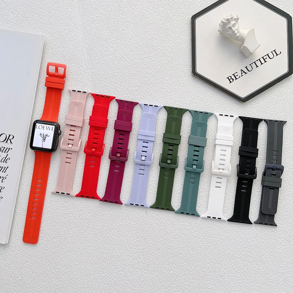 Basketweave-texture bands displayed in multiple colors for Apple Watch