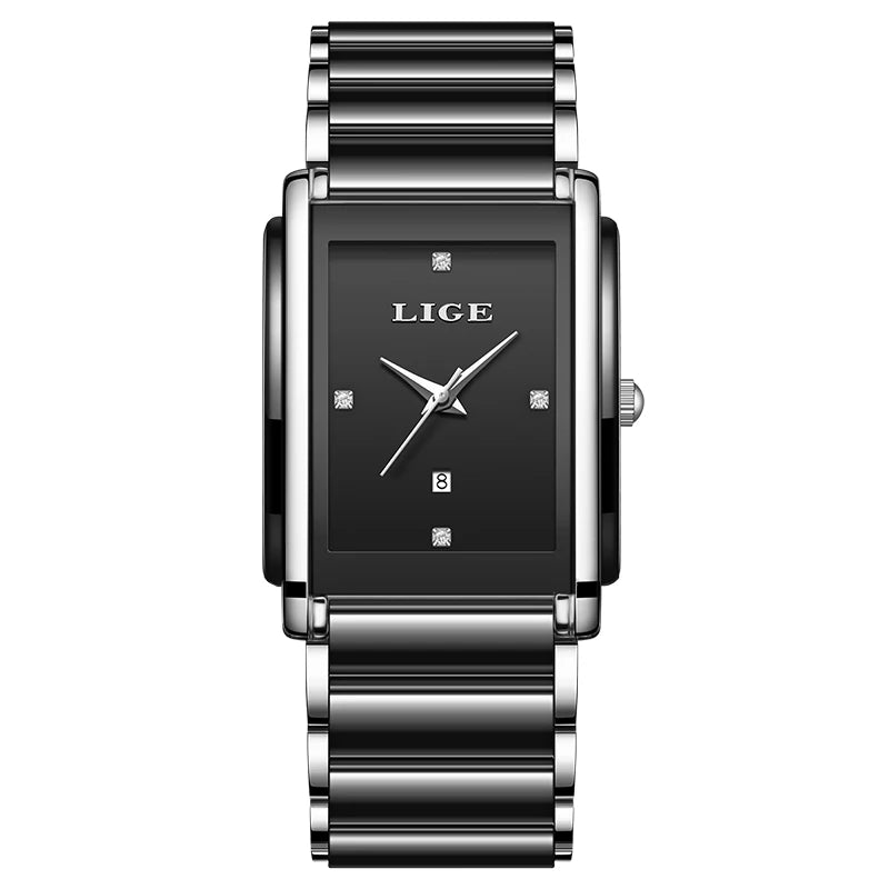 Women's Rectangular Ceramic Quartz Date Watch — Black / Silver-Tone Accents