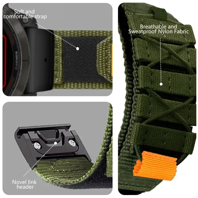 Garmin QuickFit Nylon Band with Crisscross Detail olive nylon, crisscross and connector details