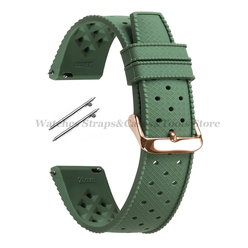 Garmin 18/20/22mm Quick Release Tropic-Style Silicone Band in Green with Rose Gold Buckle