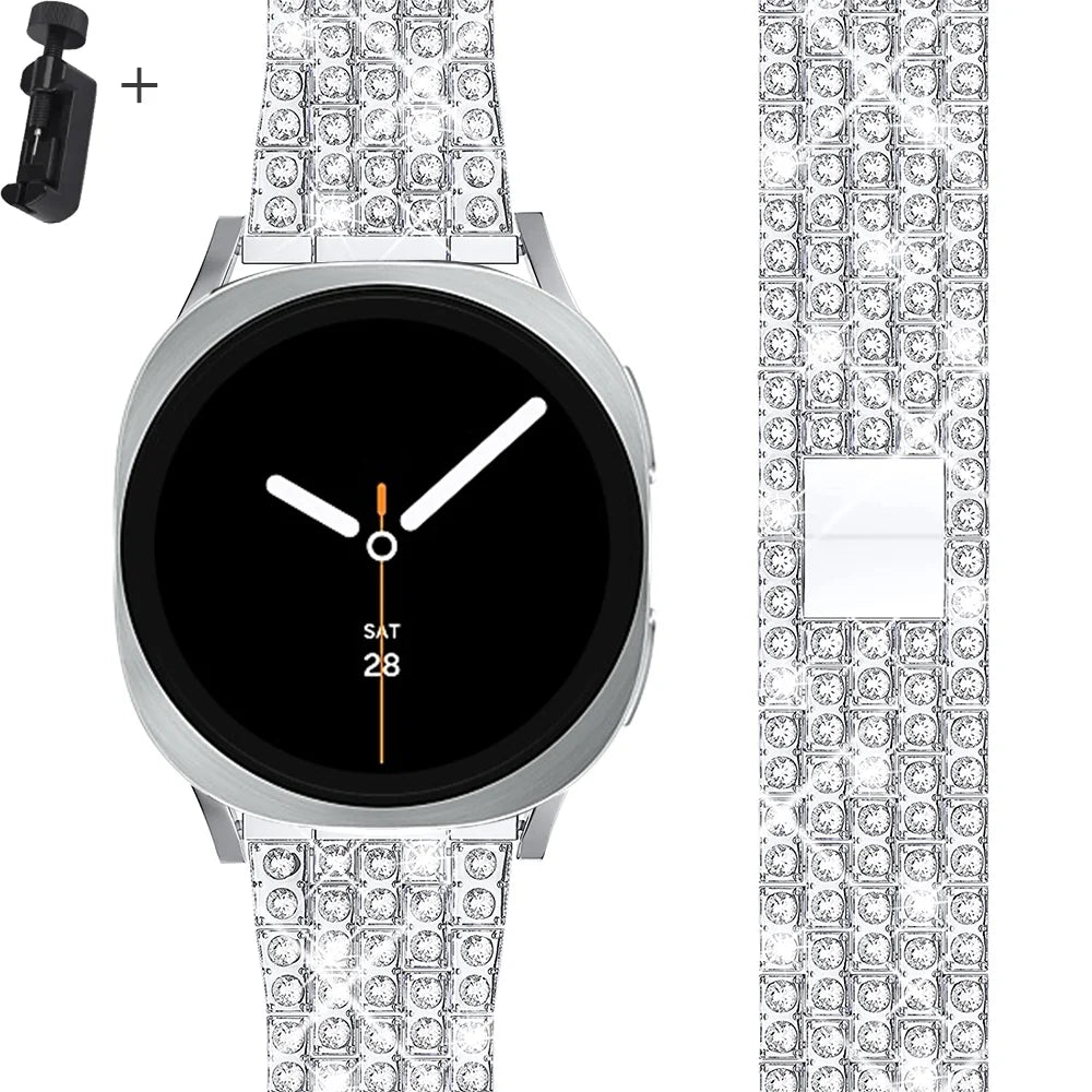 Samsung Galaxy Diamond Stainless Watch Band - Watch8/Watch8 Classic/Watch9 with luxurious diamond grid design and silver color.