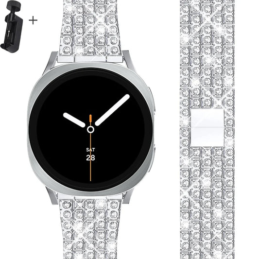 Samsung Galaxy Diamond Stainless Watch Band - Watch8/Watch8 Classic/Watch9 with luxurious diamond grid design and silver color.