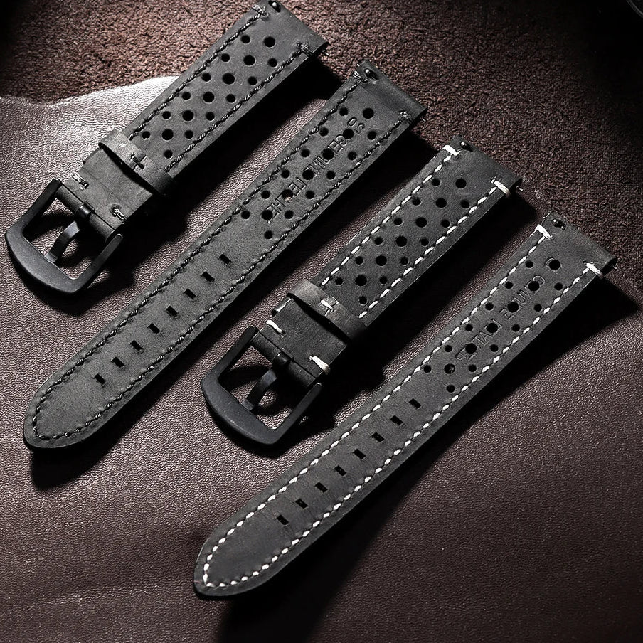 OnePlus Watch Band Quick Release Leather Strap Vintage Brown Wristband displayed on a textured surface.