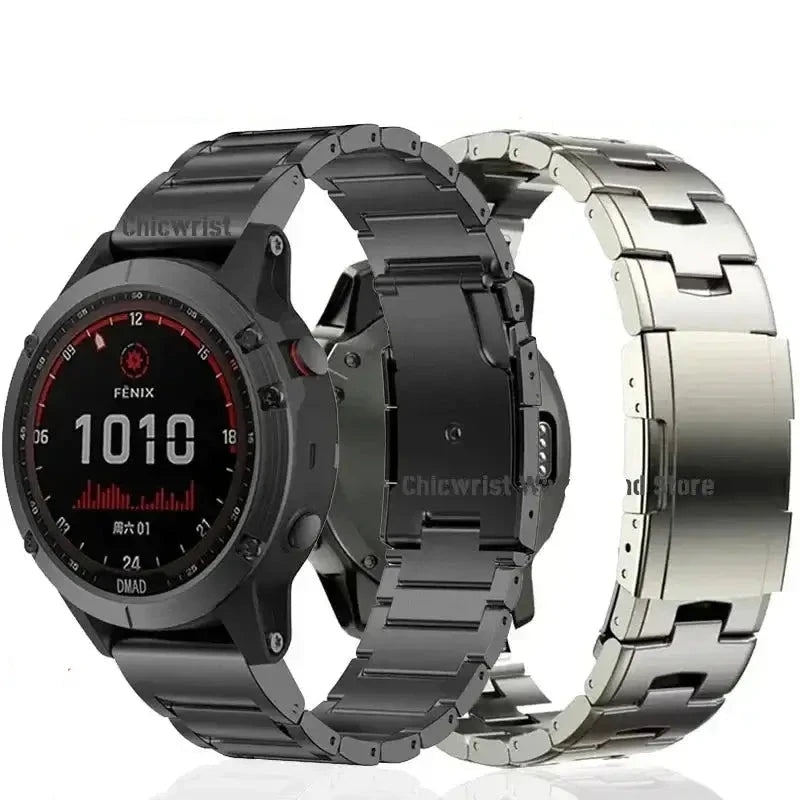 Garmin QuickFit Metal Link Band in black and silver tones shown on watches