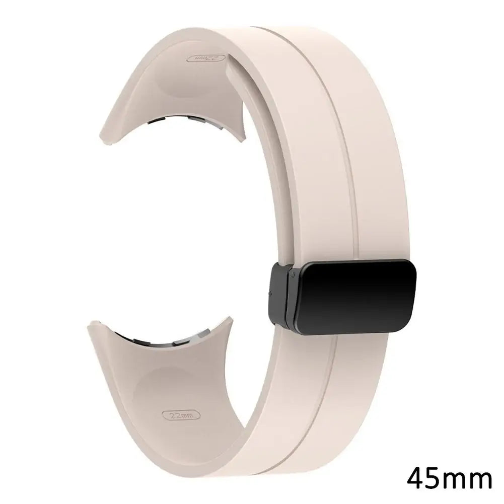 Beige - Pixel Watch 3-4-5 (45mm) Google Pixel Watch 5, 4 and 3 Silicone Band, Magnetic Folding Buckle