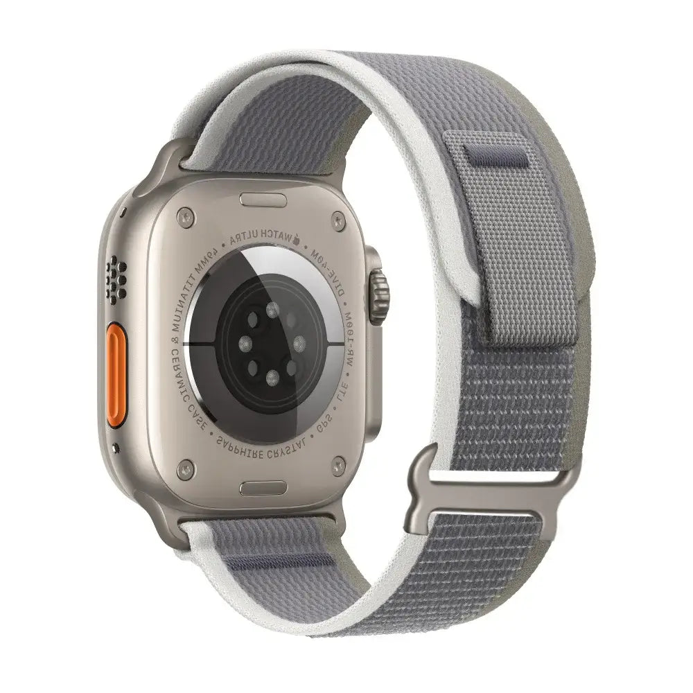 Gray / White woven nylon Apple Watch band with pull tab