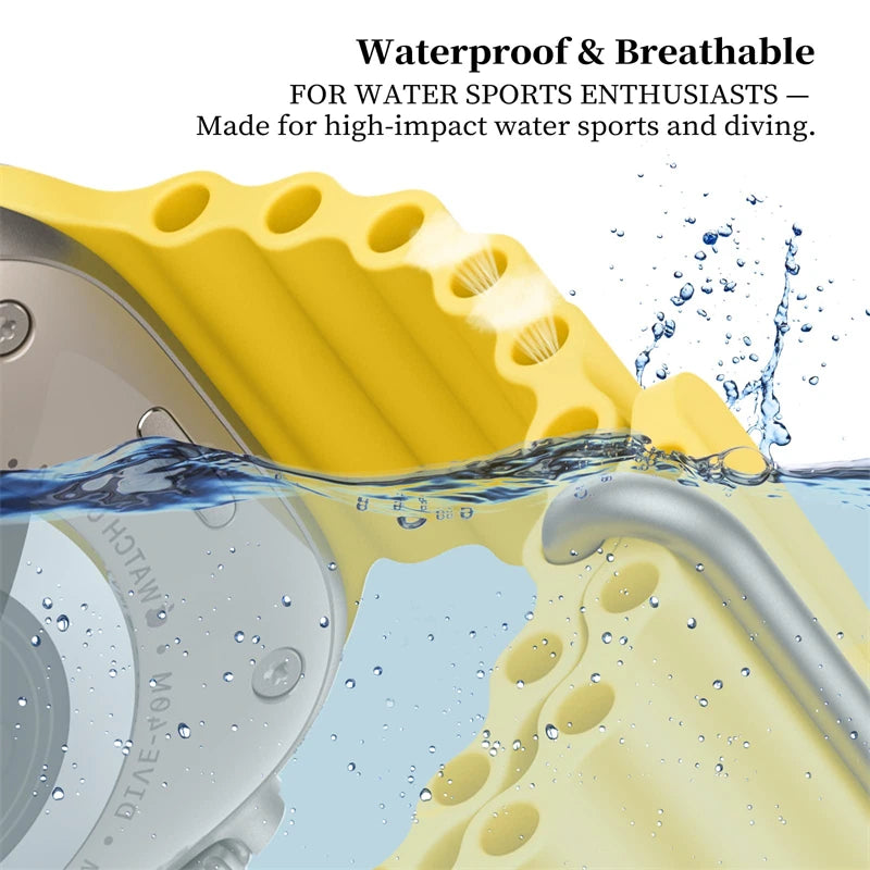 Yellow ribbed silicone strap in supplier water illustration for Apple Watch