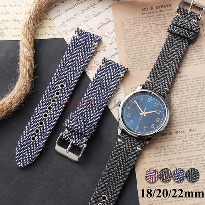Garmin 18/20/22mm Quick Release Herringbone Woven Band with a watch, shown in blue and black