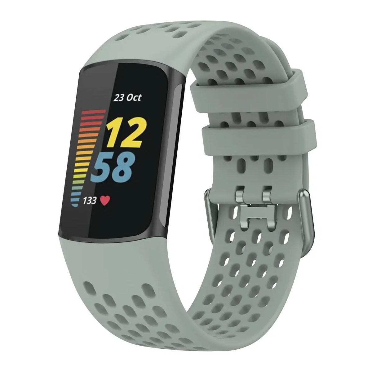 Fitbit Charge 5 & 6 Perforated Silicone Band sage gray band shown on a tracker
