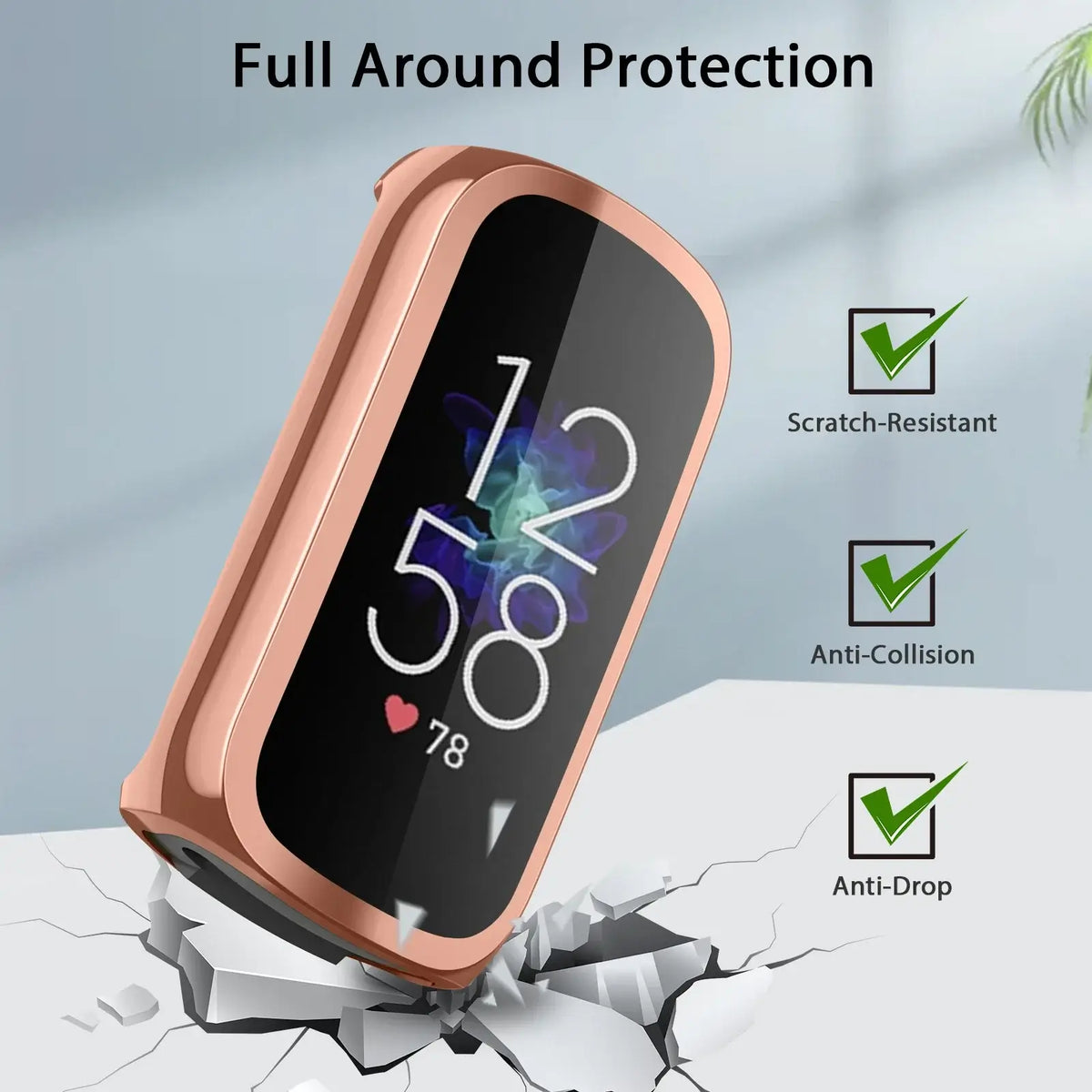 Full around protection for Fitbit Luxe case and screen protector, showcasing scratch-resistant, anti-collision, and anti-drop features.