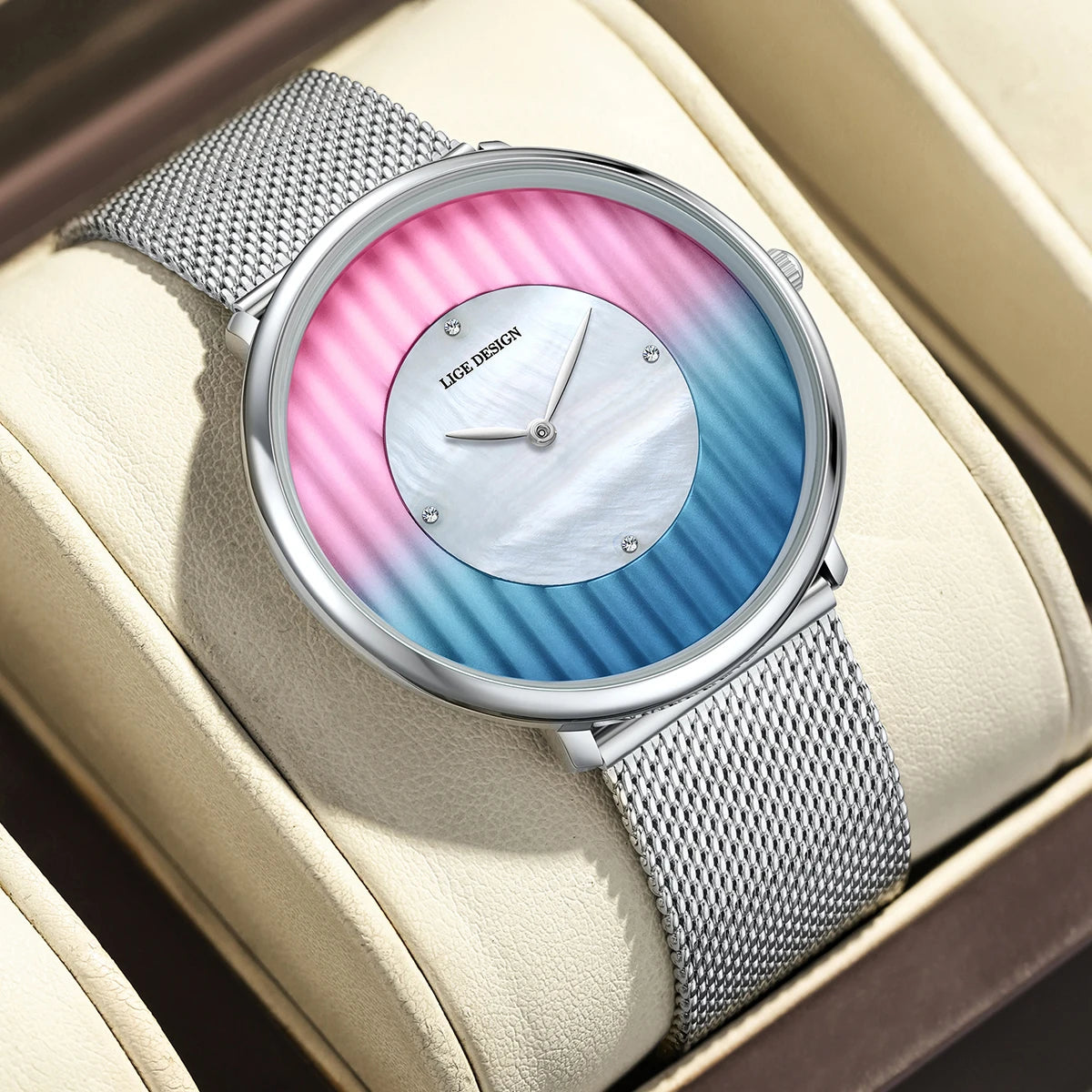 Women's Gradient Dial Mesh Quartz Watch — Pink and blue gradient dial watch — BandsCo Straps