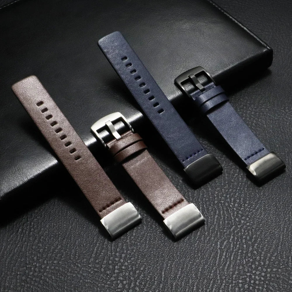 Garmin QuickFit Classic Leather Pin-Buckle Band brown and navy leather bands laid flat
