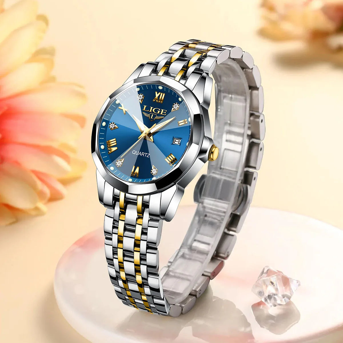 Women's 25mm Sunburst Dial Quartz Bracelet Watch — Two-tone bracelet with blue sunburst dial