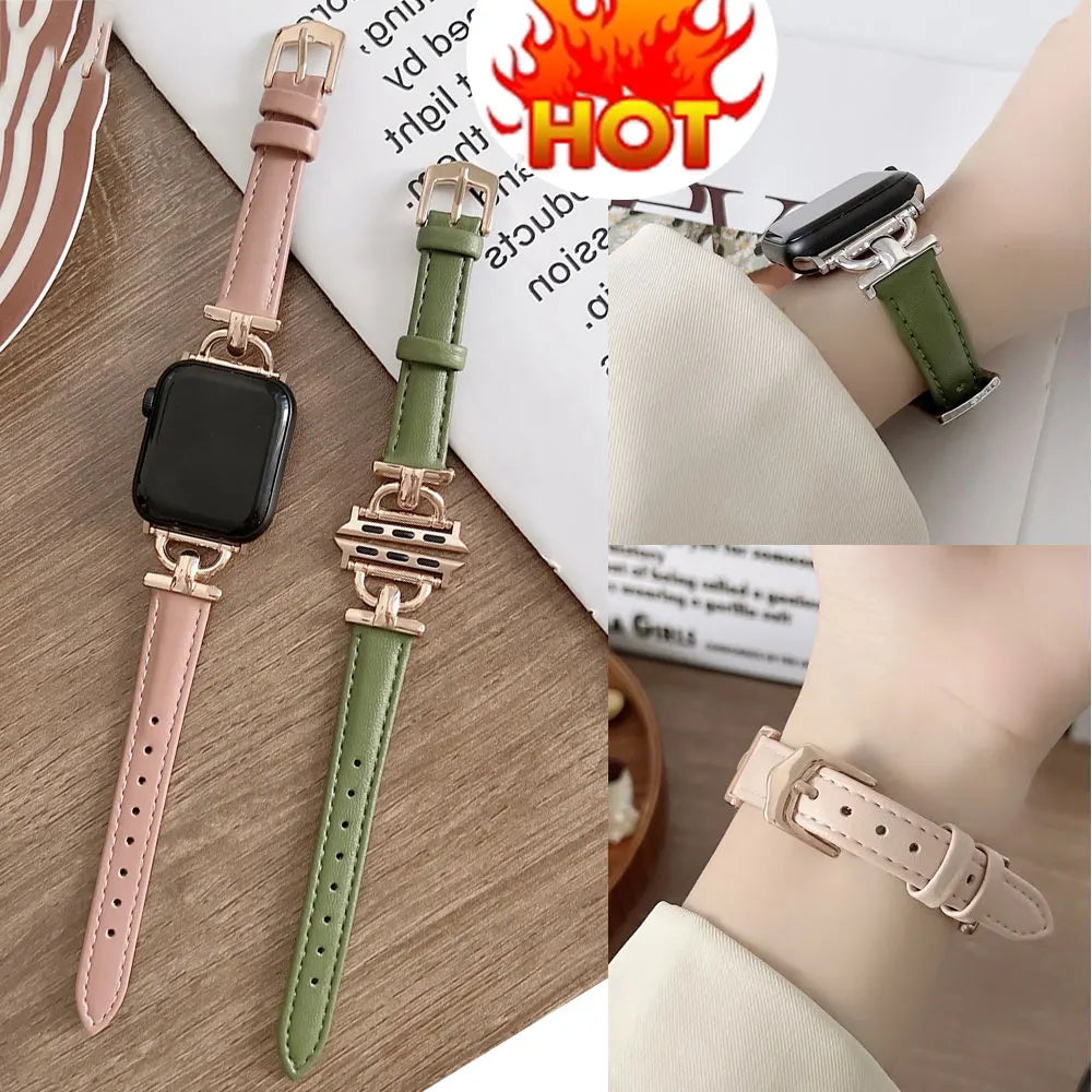 Pink and green leather Apple Watch bands with handheld and wrist views