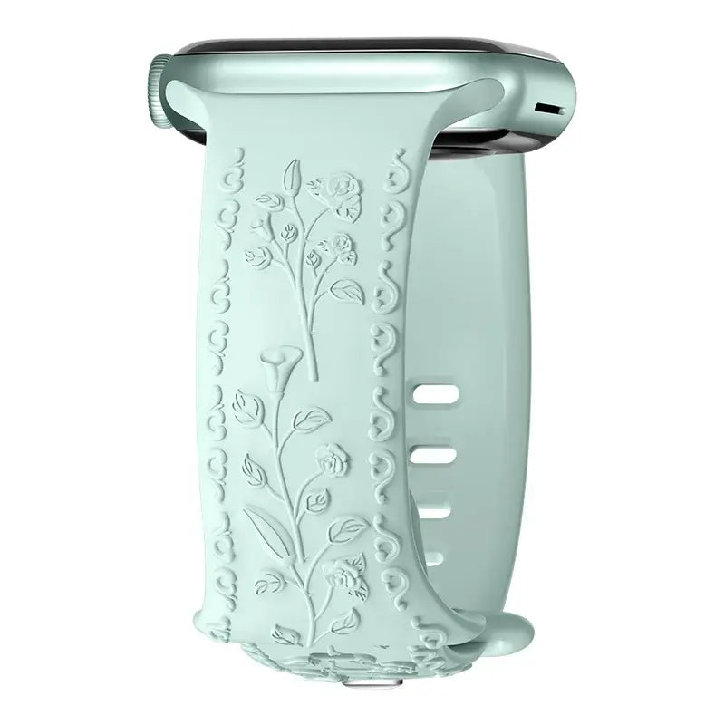 Mint Green botanical engraved silicone Apple Watch band