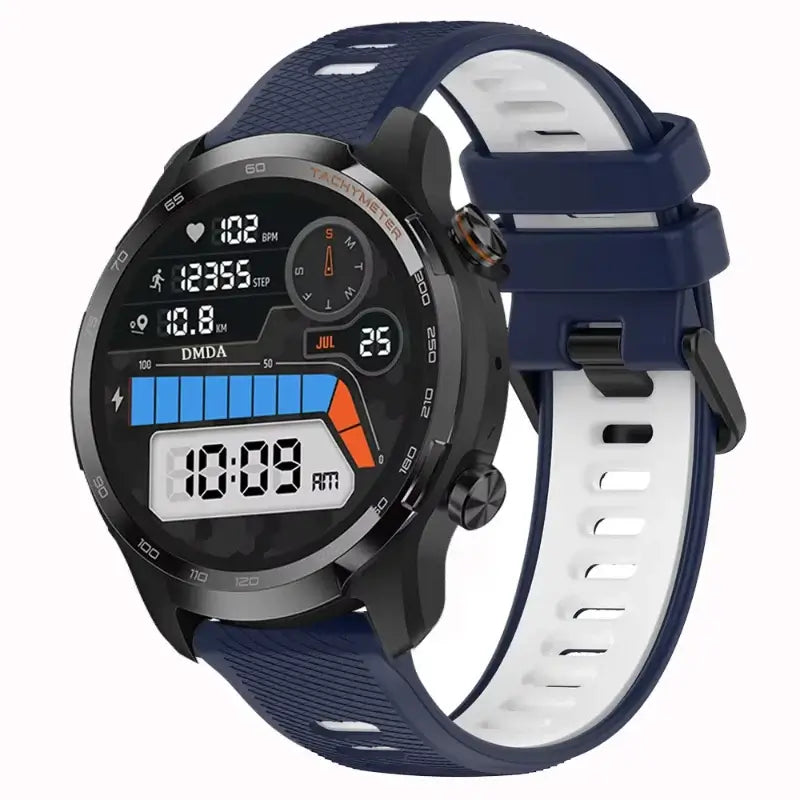 Amazfit Two-Tone Silicone Watch Band with Rectangular Holes - Navy and white band on watch