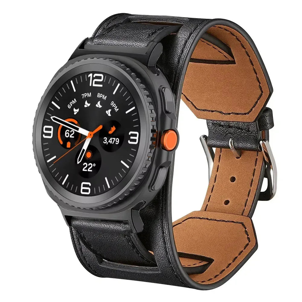 Samsung Galaxy Leather Watch Band - Watch8/Watch8 Classic/Watch9/Ultra/Ultra2 in black with a stylish design.