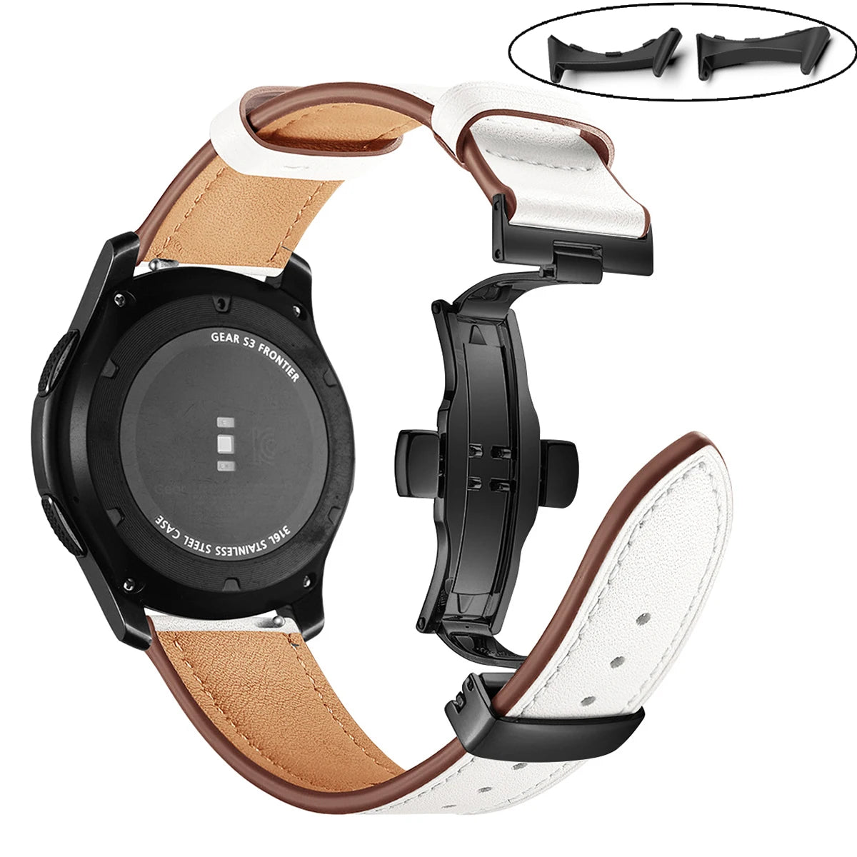 White - Black Clasp Google Pixel Watch 5, 4 and 3 45mm Leather Band, Butterfly Clasp