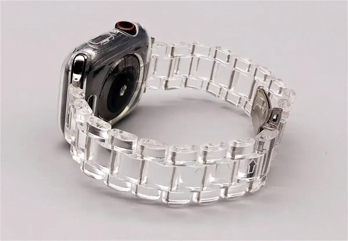 Clear resin Apple Watch bracelet clasp worn on wrist