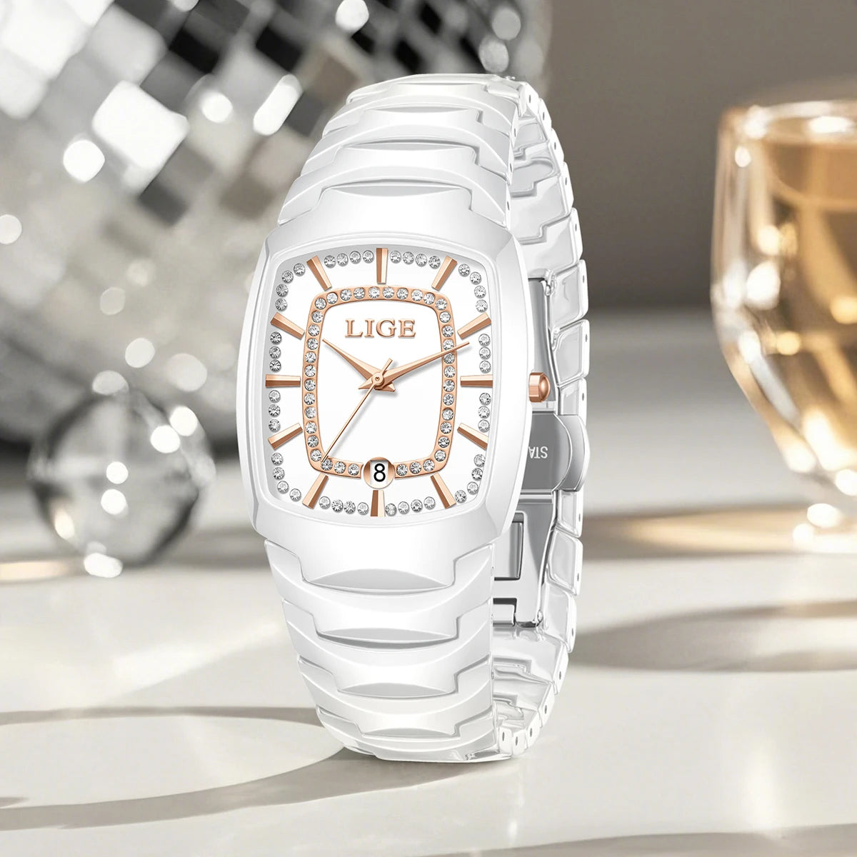 Women's Ceramic Tonneau Crystal Dial Watch — White ceramic bracelet and crystal dial