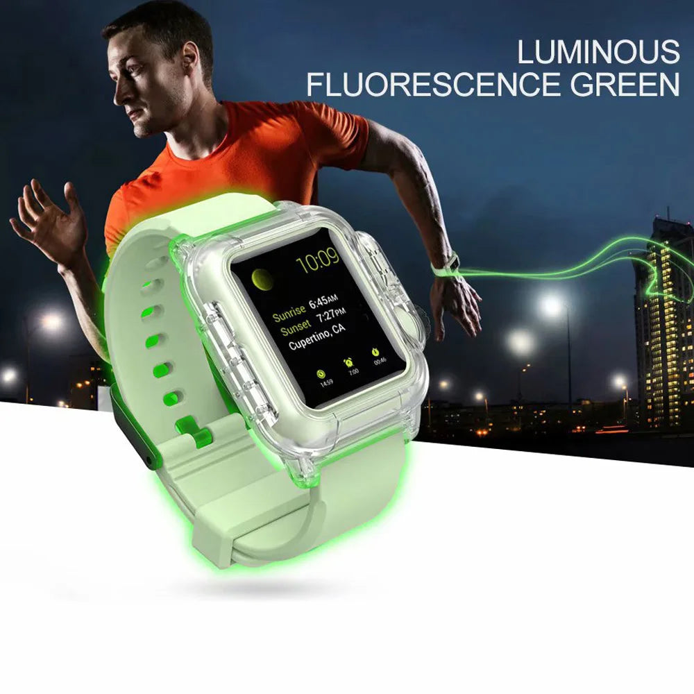 Luminous green band and case shown with a glow effect for Apple Watch
