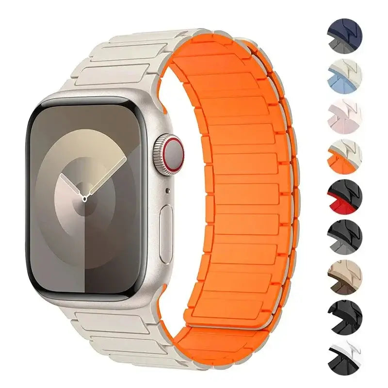 Ivory and orange segmented silicone Apple Watch band with color preview swatches