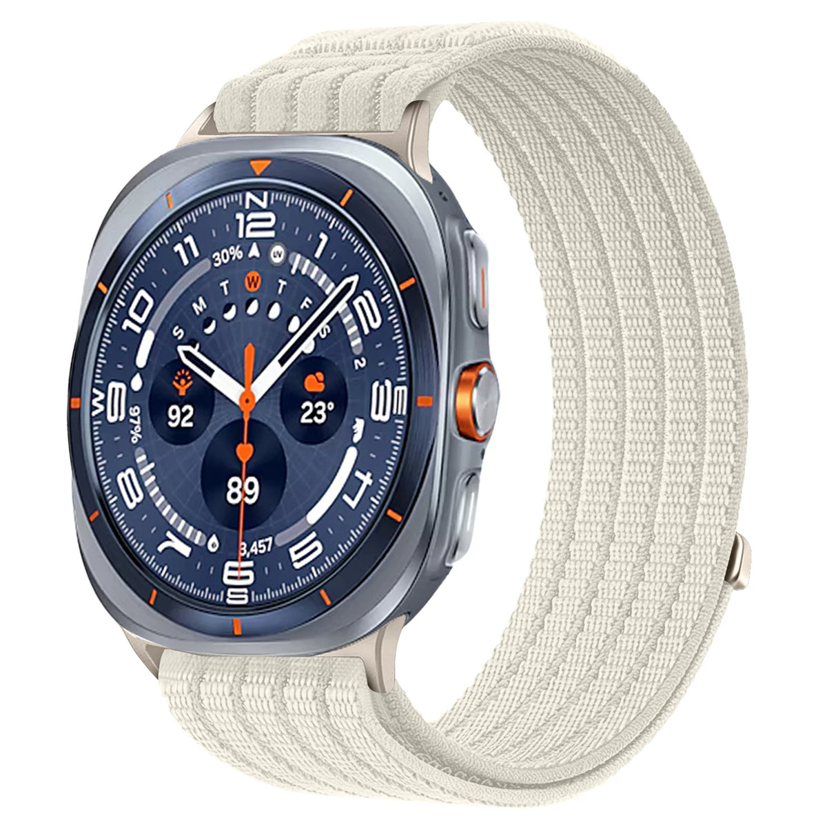 Samsung Galaxy Sport Nylon Woven Loop Watch Band – Watch8/Watch8 Classic/Watch9/Ultra/Ultra2 in starlight color.