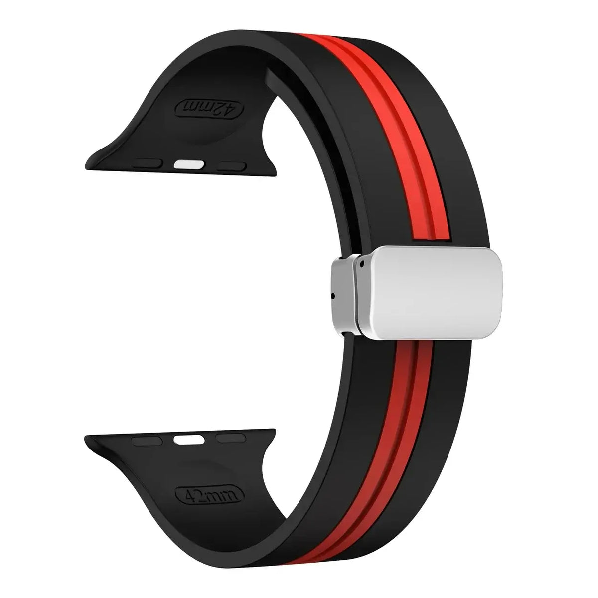 Black / Red - Silver Clasp striped silicone Apple Watch band with magnetic clasp