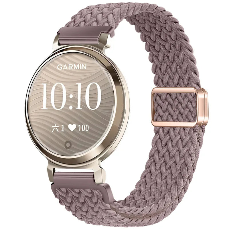 Garmin Lily 2 Braided Nylon Magnetic Band in smoky purple on a watch