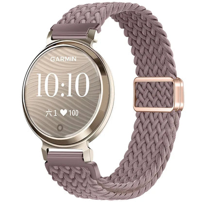Garmin Lily 2 Braided Nylon Magnetic Band in smoky purple on a watch