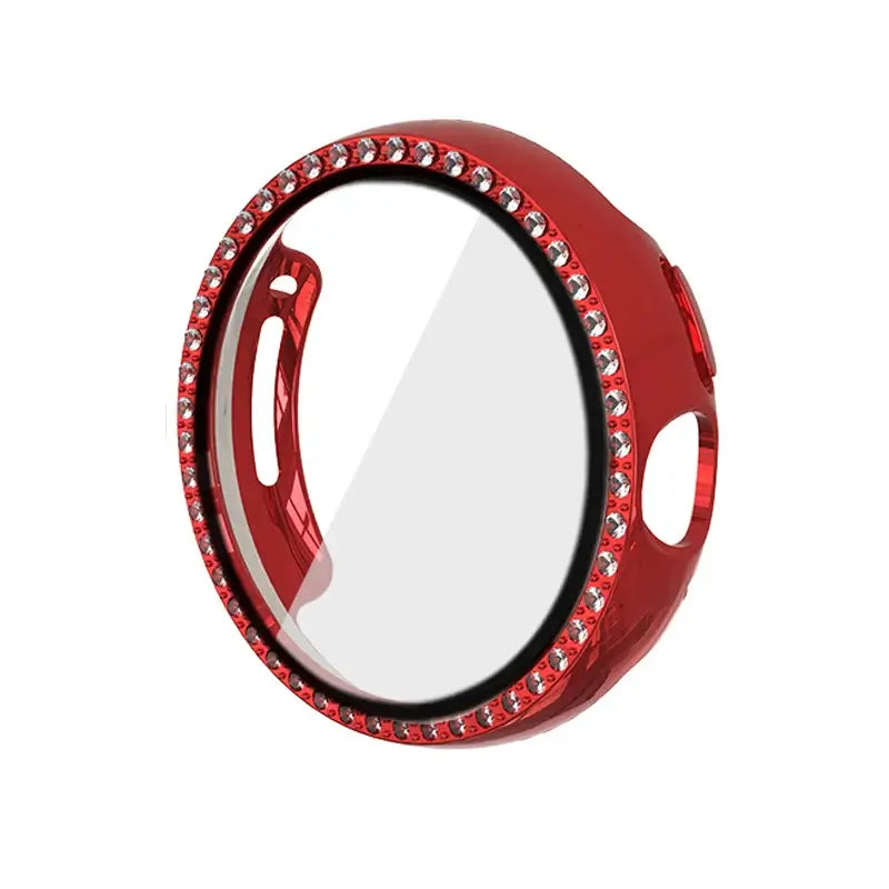 Bedazzled red case for Google Pixel Watch with sparkling rhinestones, stylish and protective accessory.
