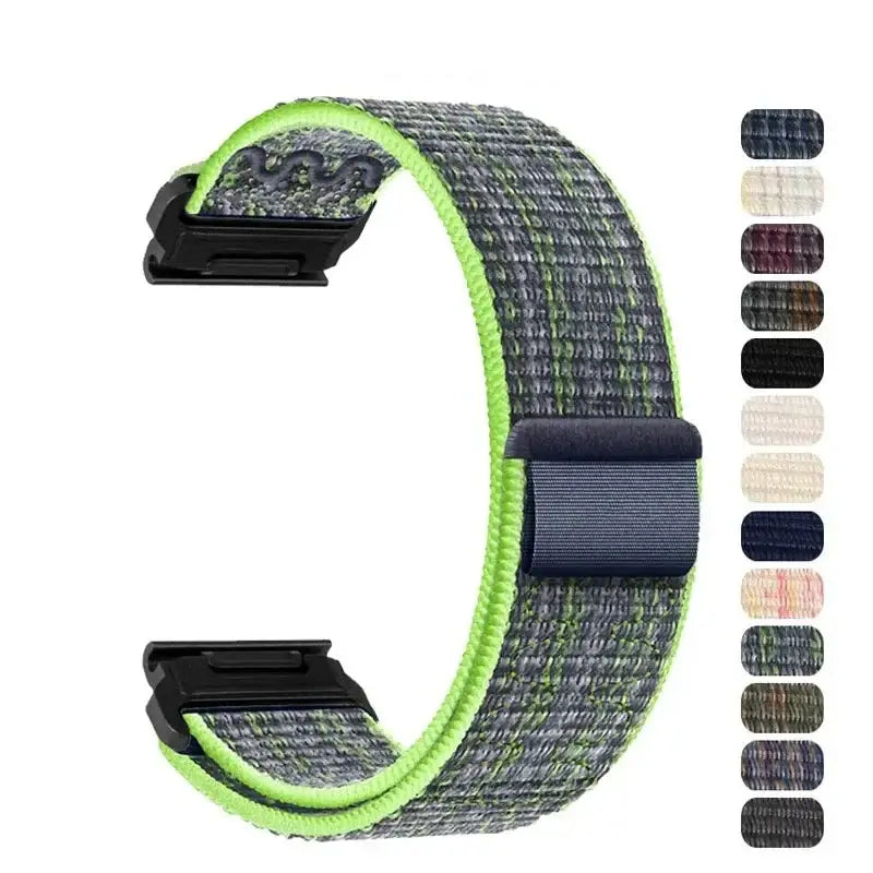 Garmin QuickFit Nylon Hook-and-Loop Band gray and lime woven band with color swatches