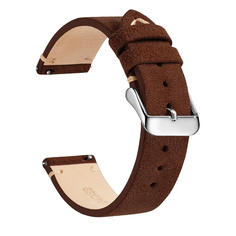 OnePlus Leather Quick Release Watch Band Strap for Smartwatch in brown suede with stainless steel buckle.