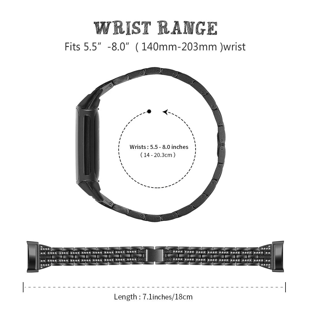 Fitbit Charge Rhinestone Triple-Row Metal Band - Black bracelet sizing diagram