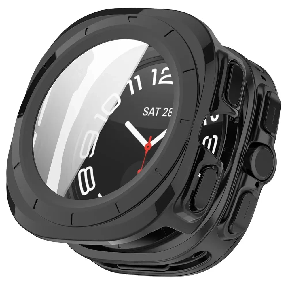 Samsung Galaxy Ultra/Ultra2 Silicone Sport Watch Band - Acrylic Case with black protective cover and clear screen.