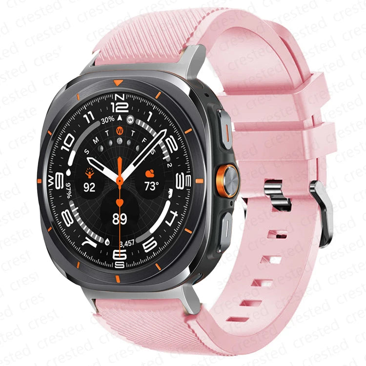 Samsung Galaxy Silicone Sport Watch Band - 20mm/Ultra+Ultra2 in soft powder color on smartwatch face.