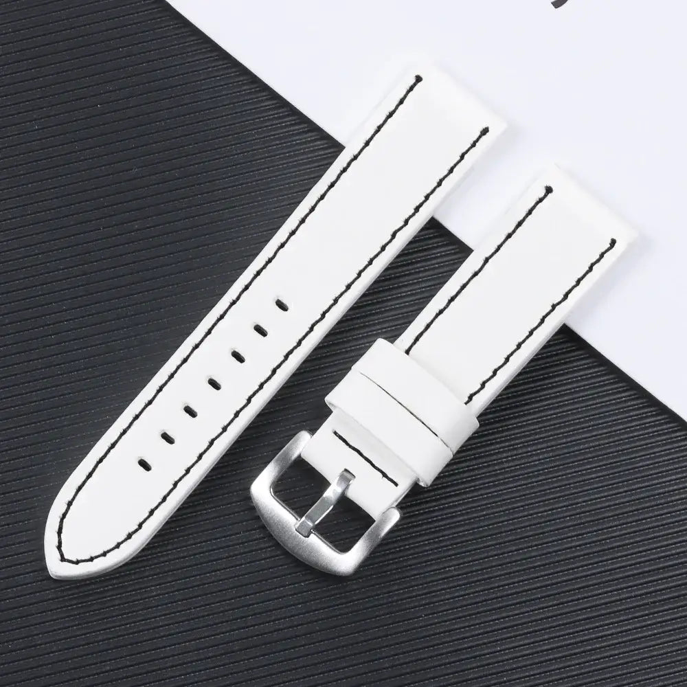TicWatch Leather Band with Stitching Options - White / Black Stitching with silver buckle