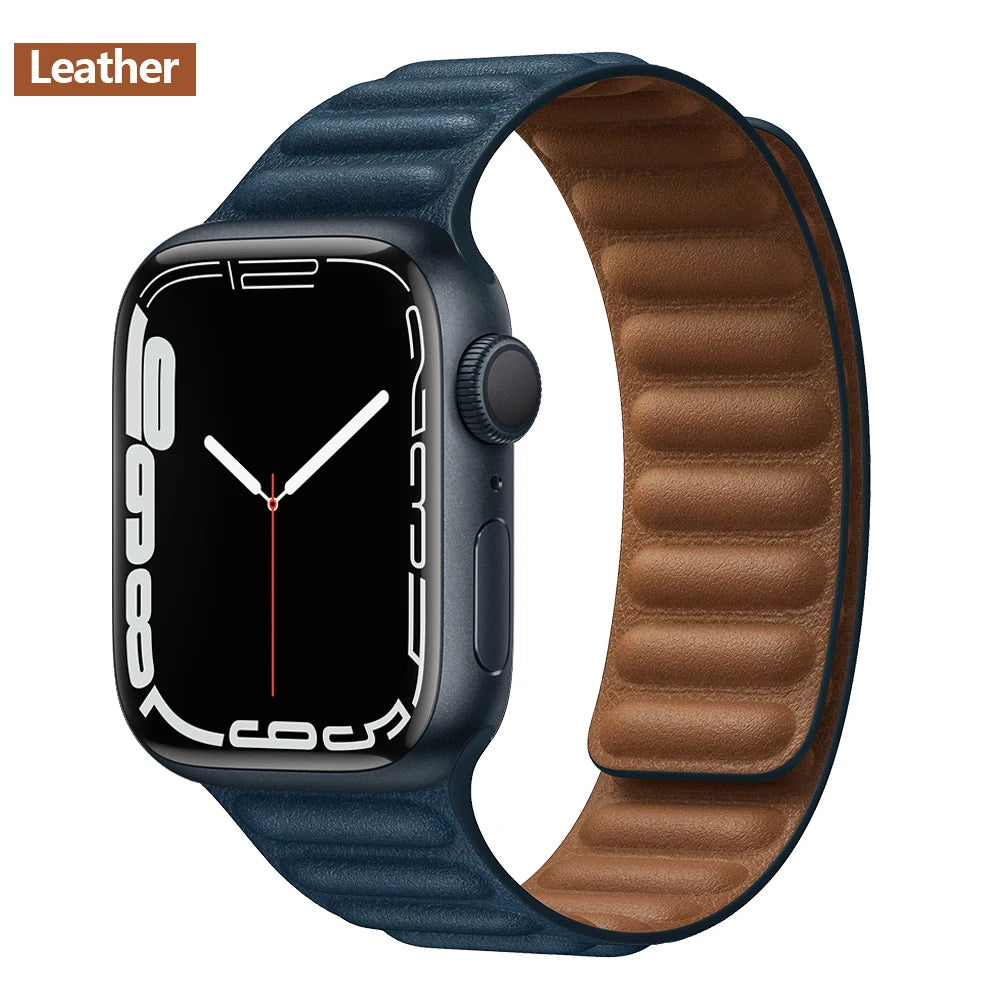 Magnetic Apple Watch Link Band - Leather & Silicone in Leather / Ocean Blue