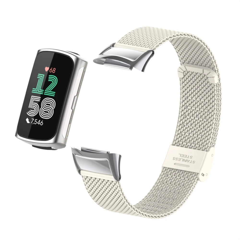 Ivory Fitbit Charge 5 and 6 Stainless Steel Mesh Band with Clasp