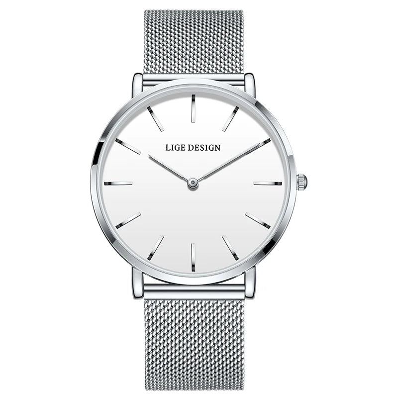 Women's Minimalist Quartz Watch with Stainless Steel Mesh Band — Silver Tone / White Dial