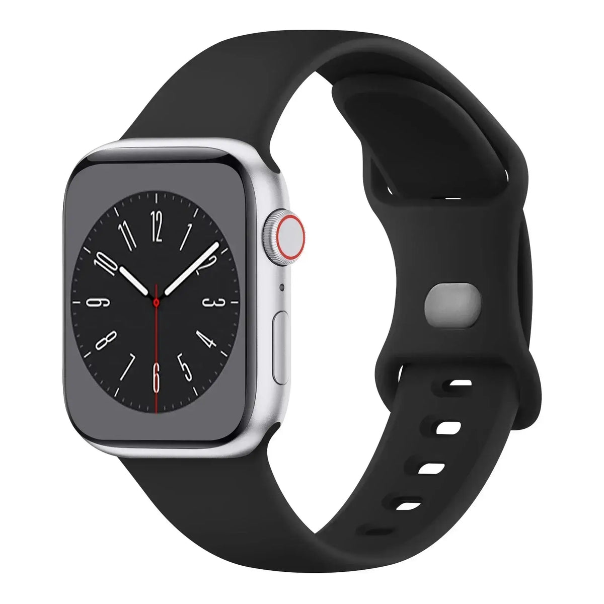 Black slim silicone Apple Watch band with pin-and-tuck fastening