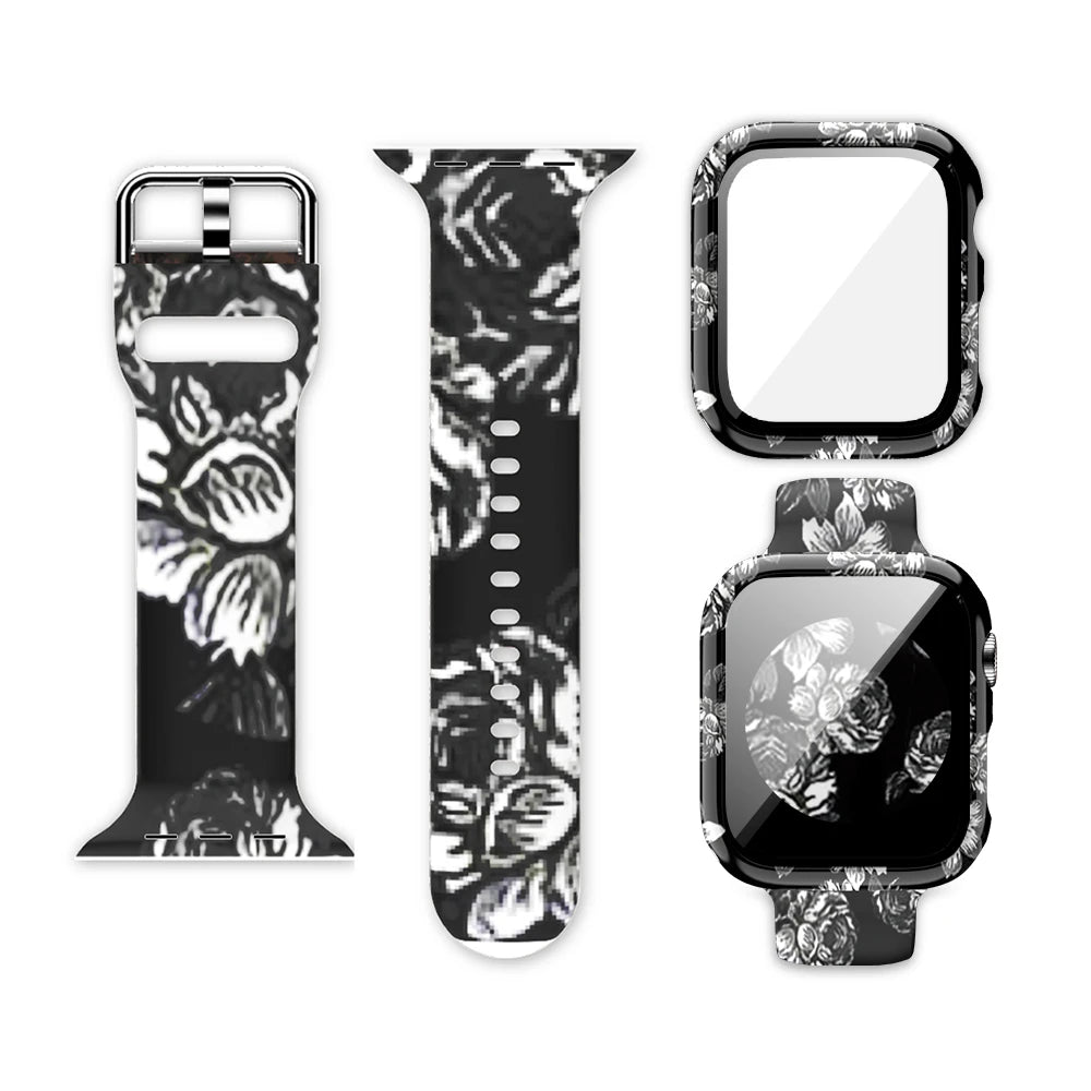 Printed Silicone Apple Watch Band - Floral & Animal Patterns in White Floral on Black
