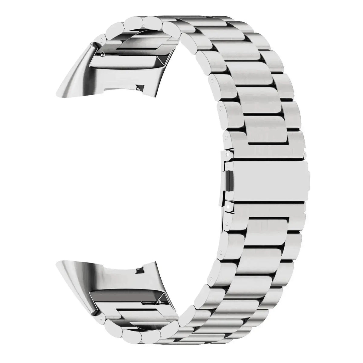 Fitbit Charge 5 & 6 Stainless Steel Three-Link Band silver three-link bracelet showing the clasp